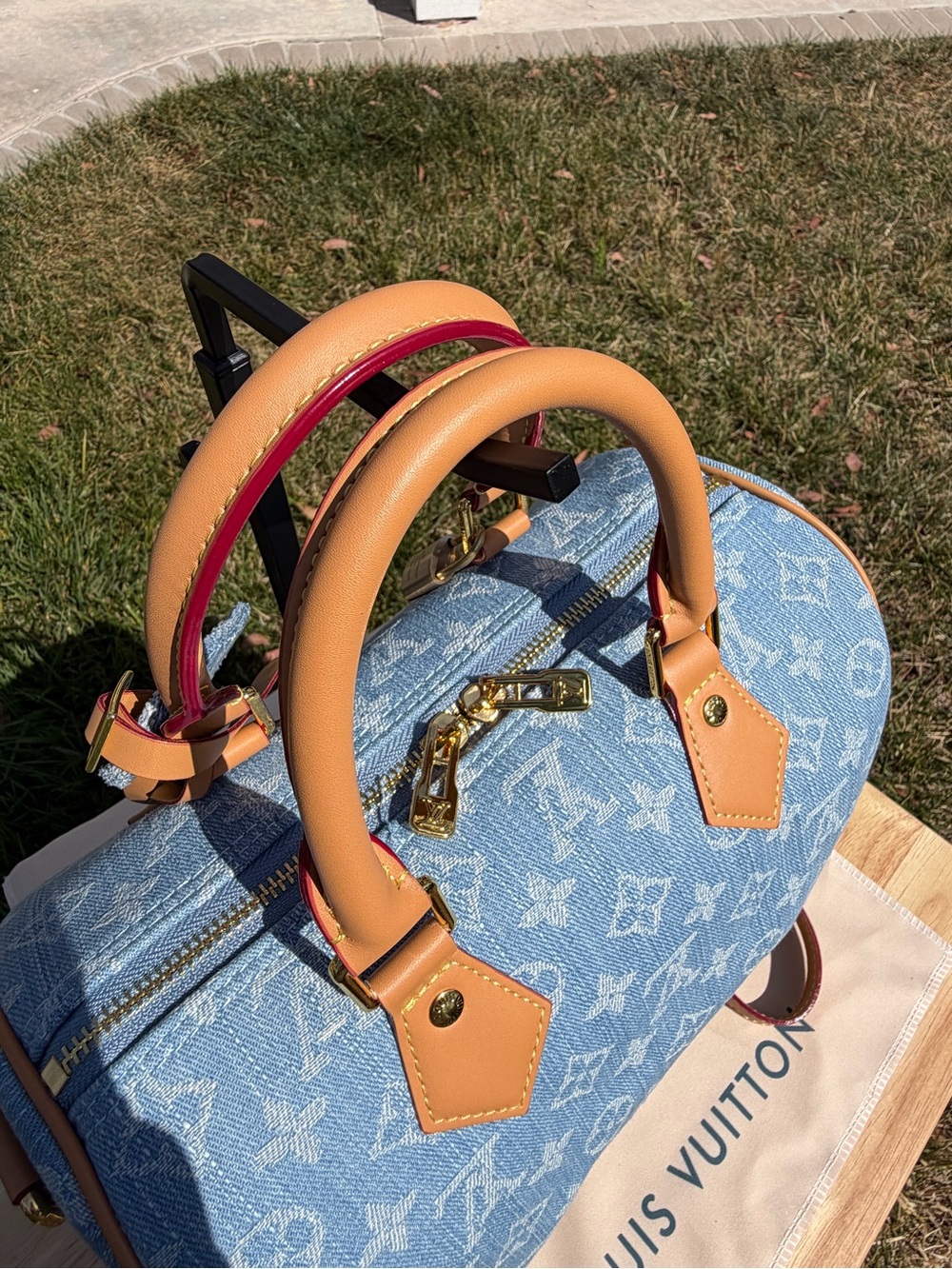 NEW LV Print Speedy Denim Monogram Satchel HandBag Blue Tan & Gold Lock Key - Picture 8 of 16